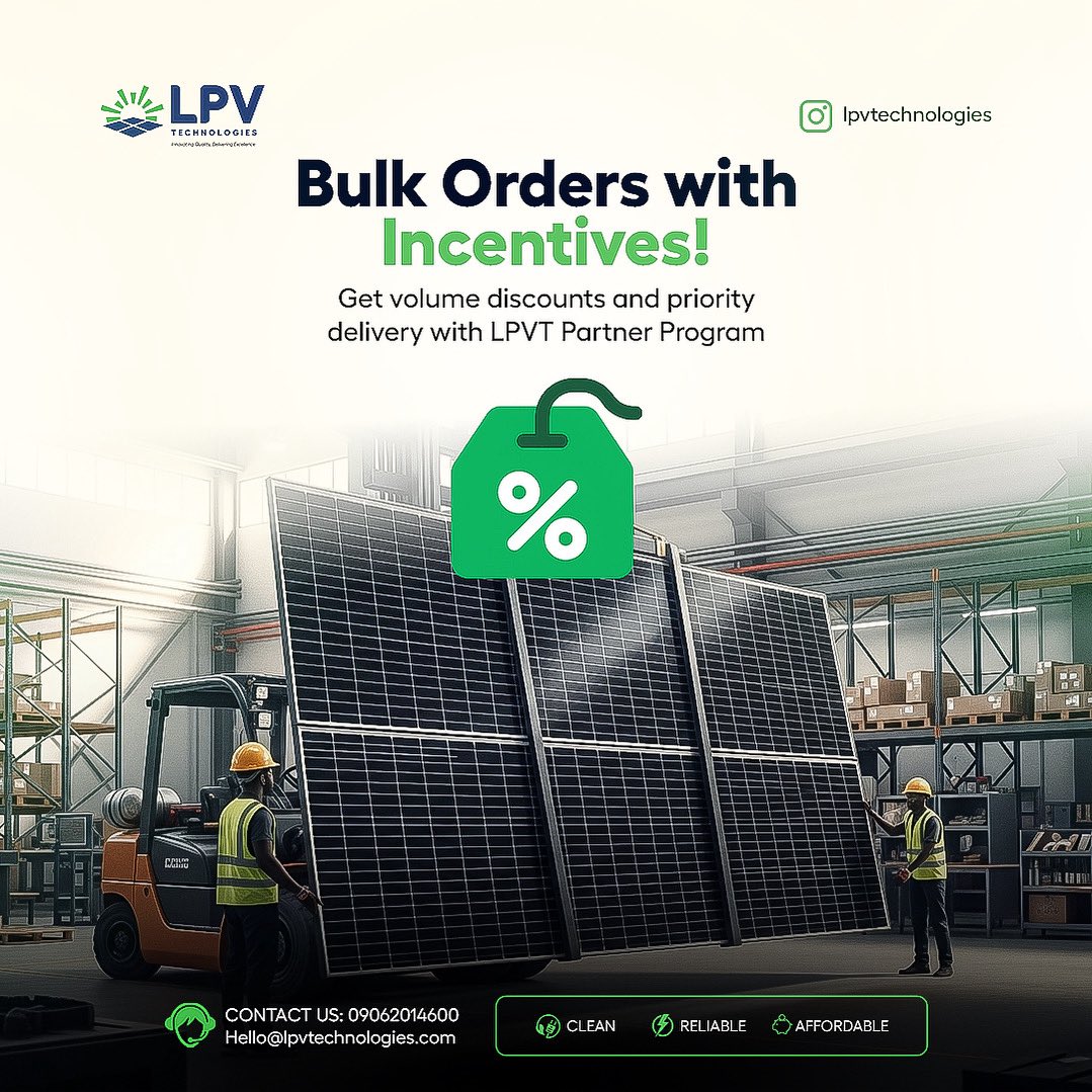 LPVtech's tweet photo. Bulk just got better!
Join the LPVT Partner Program and enjoy exclusive volume discounts, priority delivery, and top-quality Made-in-Nigeria solar panels for your projects.
Your big orders deserve big rewards.
⚡ https://t.co/JgP2IefWg0
#LPVTechnologies #SolarMadeInNigeria #BulkSolarDeals #PartnerProgram #RenewableEnergy #SolarProjects #EnergyThatLasts