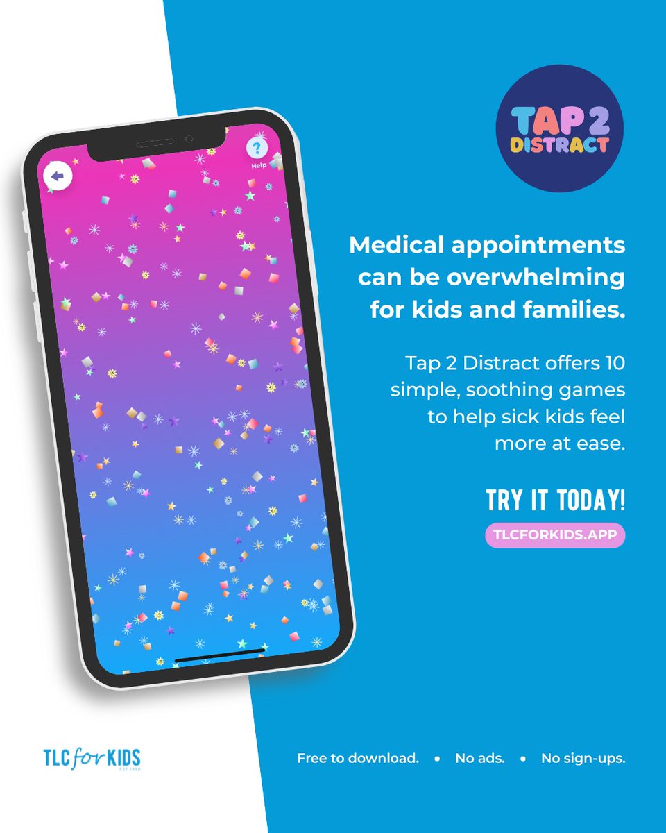 tlcforkidsaus's tweet image. Medical moments can be tough but Tap 2 Distract helps make them easier.

10 calming games. No setup. No ads. Just positive distraction to support sick kids when they need it most.

Try it today: tlcforkids.app

#tap2distract #tlcforkids #supportforkids #calmforkids