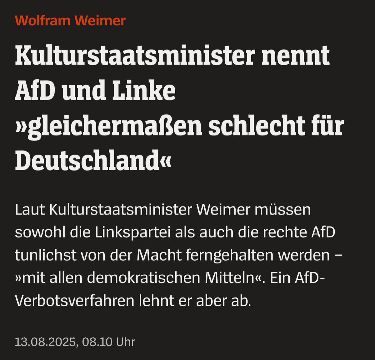 Das ist alles so kaputt, unterkomplex, gefährlich, falsch und durchschaubar, eine demokratische Linke mit gesicherten Rechtsextremisten gleichzusetzen. Wer so denkt, steht in aller Regel selbst weit rechts außen und macht das strategisch. #Weimer