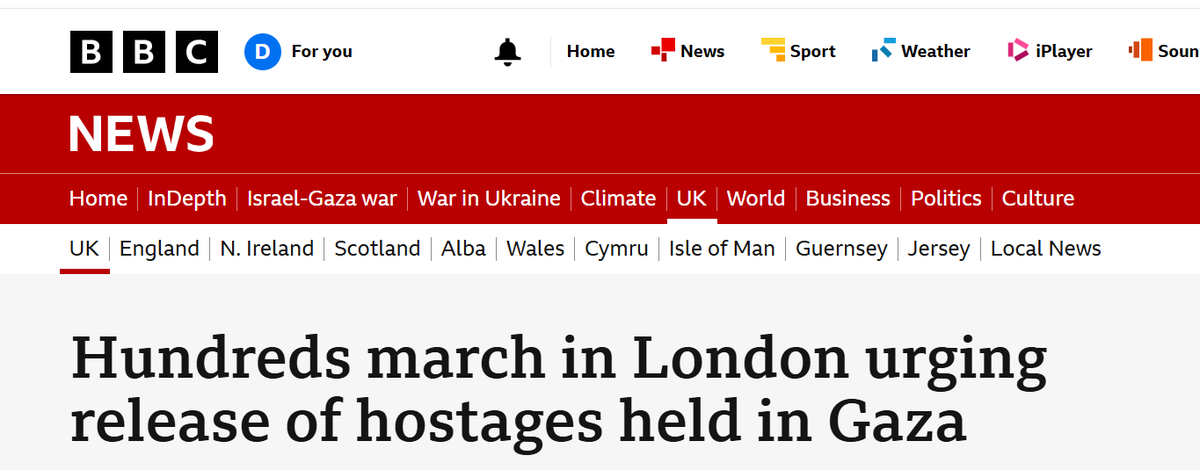 There are many ways to display bias. One is to obsess exaggerate. @bbcnews do this all the time with Israel.

But sometimes the BBC's anti-Jewish bias is insidious and spiteful. 

Last weekend there was a march for the hostages. 1000s turned up. The BBC ran with 100s. 1/2