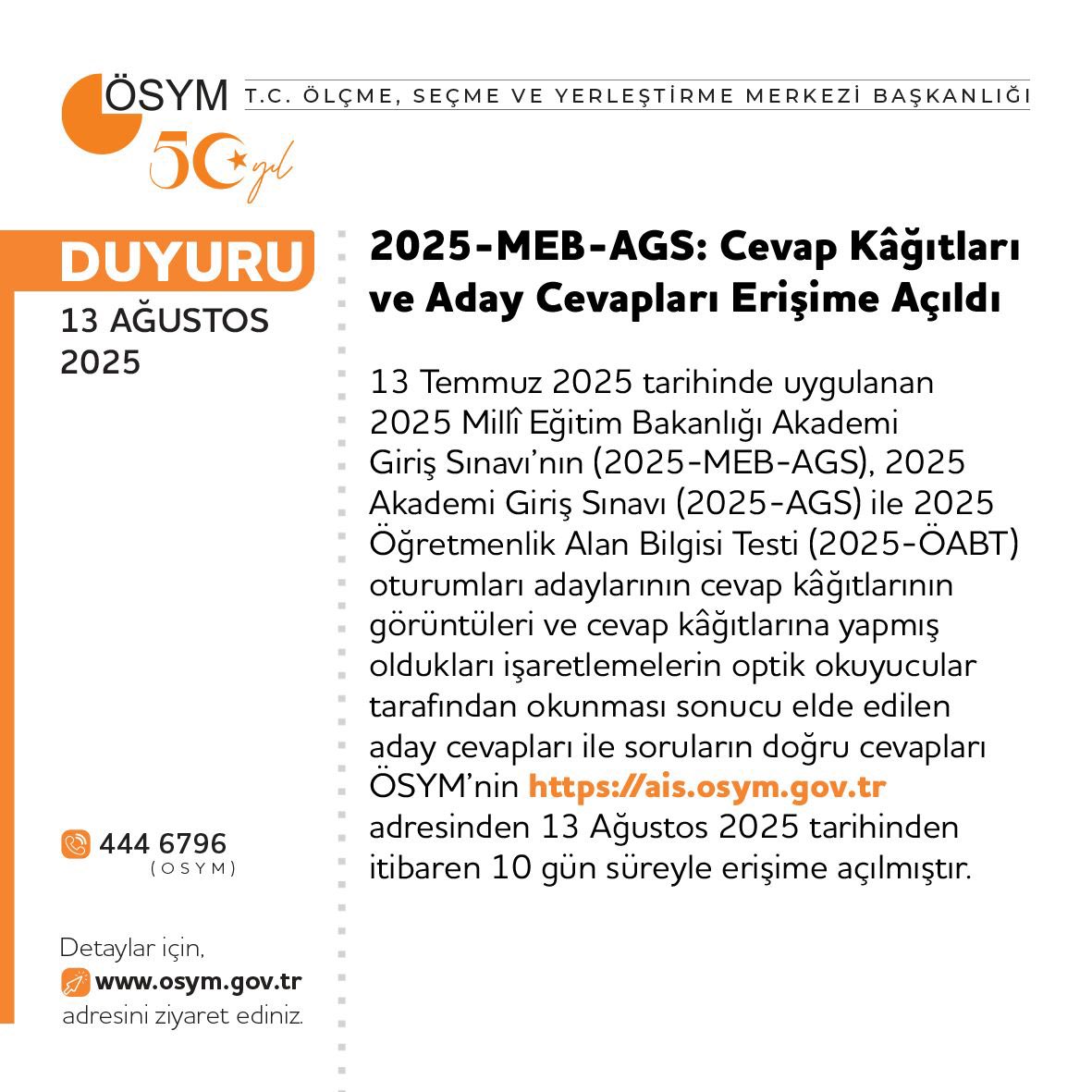 2025-MEB-AGS: Cevap Kâğıtları ve Aday Cevapları Erişime Açıldı

osym.gov.tr/TR,33389/2025-…