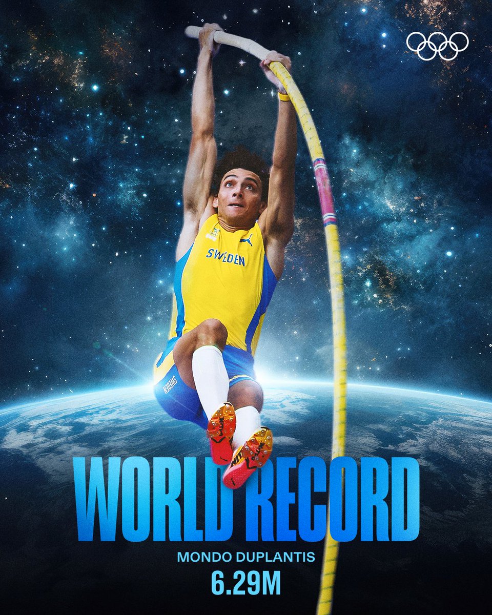 Olympics's tweet photo. 13 pole vault WRs? Out of this world.

Mondo Duplantis cleared 6.29m in Budapest last night! ⚡️ 

#Athletics @mondohoss600 @WorldAthletics https://t.co/CgARAGjTyx