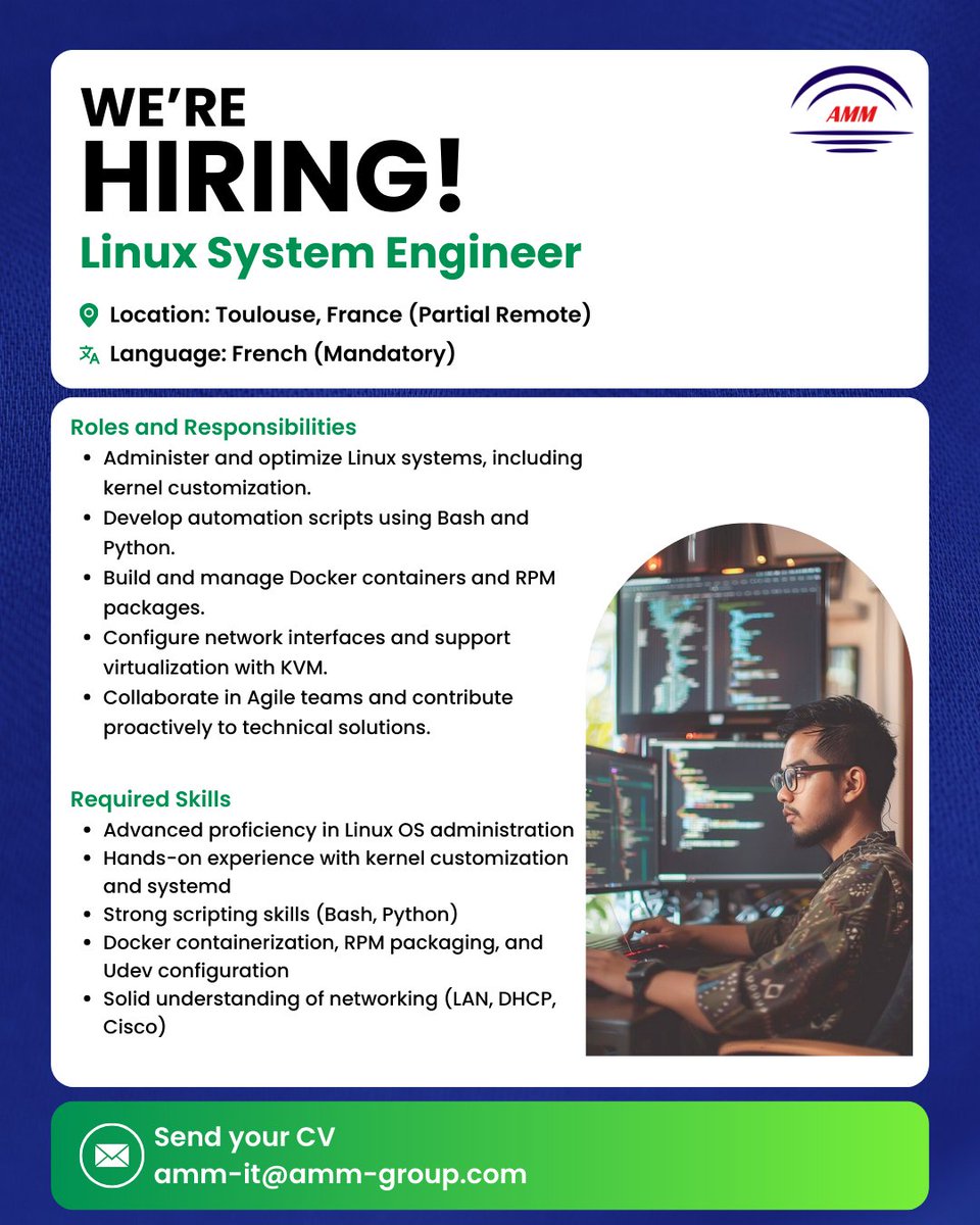 Amm_Enterprise's tweet image. We’re #Hiring
#LinuxEngineer #SystemEngineer #DevOpsJobs #ITJobs #EngineeringJobs #TechCareers #InfrastructureJobs #JobsInFrance #FranceJobs #HiringInFrance #TechJobsFrance #ITJobsFrance #EmploiFrance #RecrutementFrance #OffreEmploi #CarrièreFrance #JobFrance #ToulouseJobs