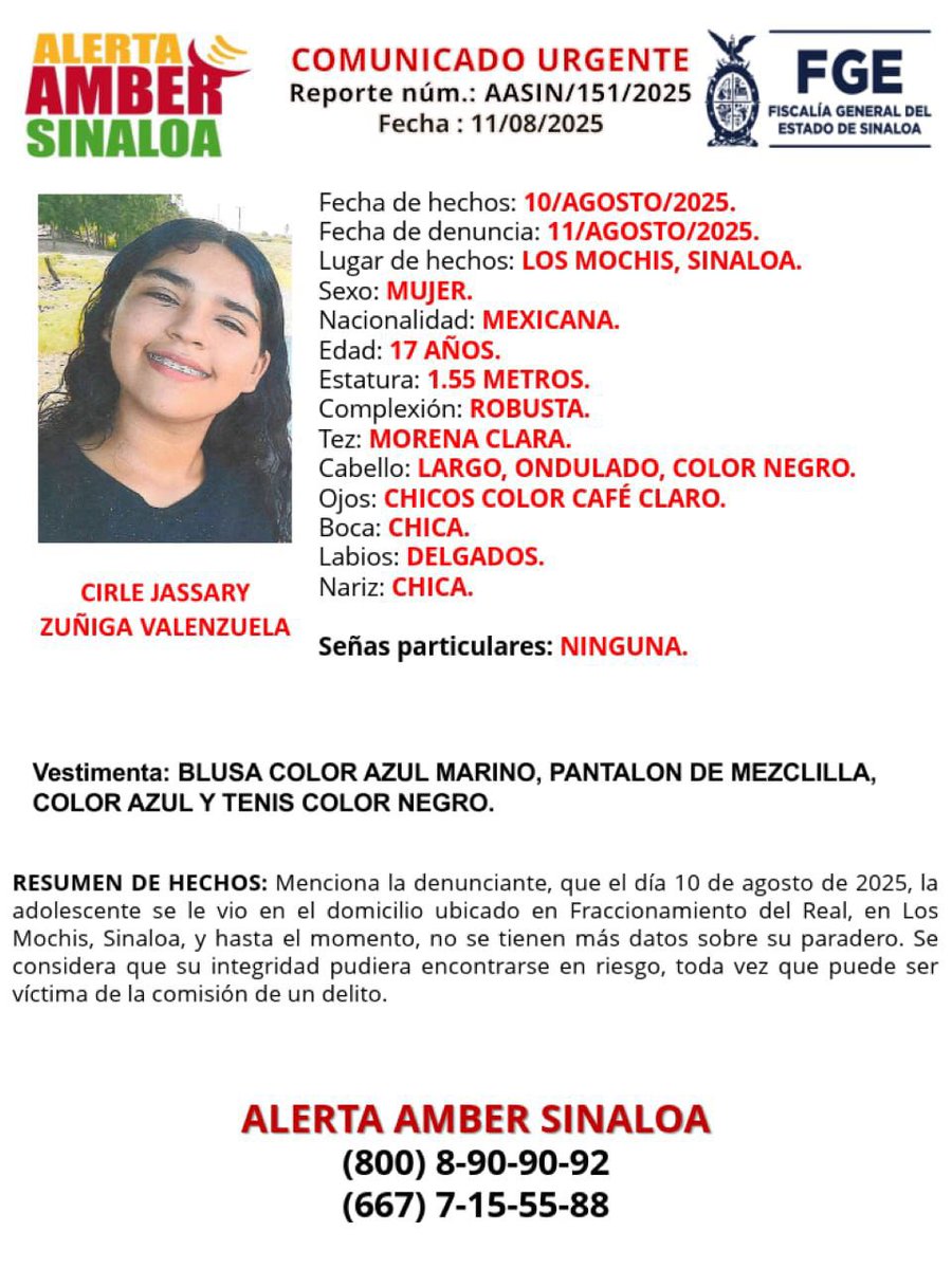 Se busca a Cirle Jassary Zúñiga Valenzuela, quien fue desaparecida en Los Mochis, Ahome, Sinaloa.

#AlertaAmber #hastaencontrarles