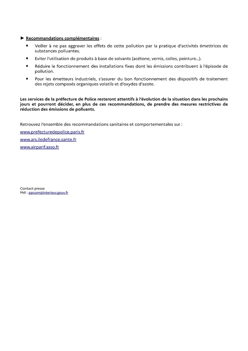 #pollutiondelair  | <a href="/Airparif/">Airparif</a> annonce un épisode de pollution à l'ozone pour ce mercredi 13 août. Afin de réduire les émissions de polluants dans l'atmosphère, la directrice de cabinet du <a href="/prefpolice/">Préfecture de Police</a>  met en place le dispositif d'information et de recommandation. 📷