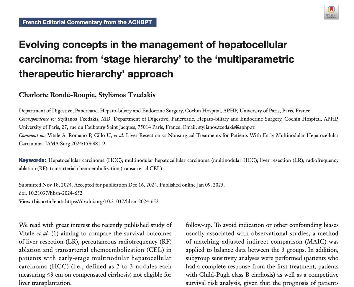 Vaital73's tweet photo. FROM RESEARCH TO GUIDELINES 🚀
Proud moment for our team: our study on surgical resection for multinodular BCLC-A #HCC [1] — one of the largest Western matched-cohort analyses — is making waves far beyond its first publication.

🔹 Invited Editorial [2]: praised our methodological rigor, our challenge to restrictive BCLC recommendations, and our role in advancing the Multiparametric Therapeutic Hierarchy.
🔹 Guideline Citations: now included in the latest ESMO 2025 [3] and EASL 2025 [4] HCC guidelines.
🔹 Global Review: featured in CA: A Cancer Journal for Clinicians [5], the world’s top-impact oncology journal, as part of the evolving landscape of surgical management in HCC.
This recognition confirms the growing role of evidence-based expansion of surgical indications for carefully selected multinodular HCC patients — a paradigm shift influencing clinical practice worldwide. 🌍
Grateful to my co-authors, collaborators, and the international HCC community for embracing this debate and moving towards more personalized, curative strategies.

#LiverCancer #HCC #Oncology #Surgery #ESMO #EASL #MedicalResearch #Guidelines #EvidenceBasedMedicine

[1]https://t.co/XhgZlizaMs
[2]https://t.co/WnrxYd0Vl6
[3] https://t.co/IbV3TUC2Zs
[4] https://t.co/xFrQKzyHYP
[5]https://t.co/RKptcnjkBt