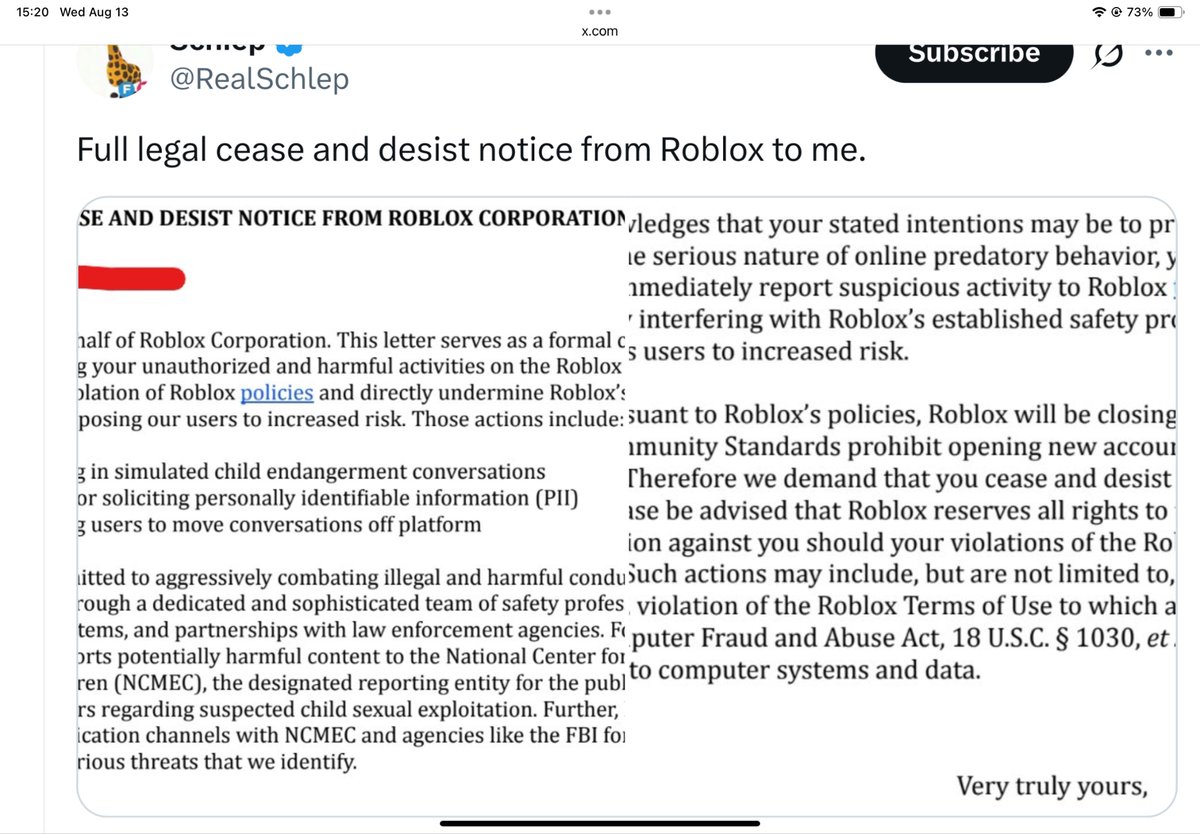 RobloxProProYes's tweet image. Roblox What is wrong with you…
If you didn’t know Roblox is threatening to sue schlep because he catches predators on Roblox… #FreeSchlep