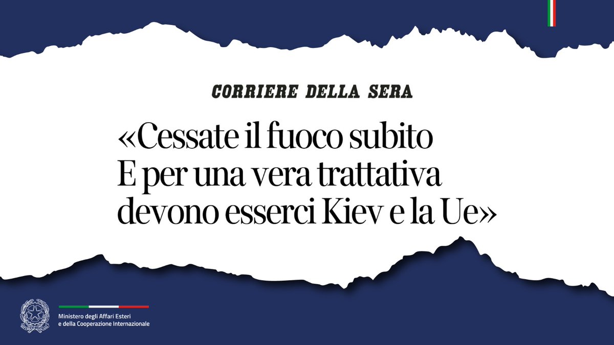 Farnesina 🇮🇹 (@italymfa) on Twitter photo “Primo obiettivo: cessate il fuoco. La pace non puó essere decisa senza Ucraina e senza l’UE.
Chiediamo a Netanyahu di fermarsi e ad Hamas di liberare gli ostaggi: quel che accade a Gaza è inaccettabile”.
Intervista del Min.<a href="/Antonio_Tajani/">Antonio Tajani</a> su <a href="/Corriere/">Corriere della Sera</a>⬇️
esteri.it/it/sala_stampa… “Primo obiettivo: cessate il fuoco. La pace non puó essere decisa senza Ucraina e senza l’UE.
Chiediamo a Netanyahu di fermarsi e ad Hamas di liberare gli ostaggi: quel che accade a Gaza è inaccettabile”.
Intervista del Min.<a href="/Antonio_Tajani/">Antonio Tajani</a> su <a href="/Corriere/">Corriere della Sera</a>⬇️
esteri.it/it/sala_stampa…