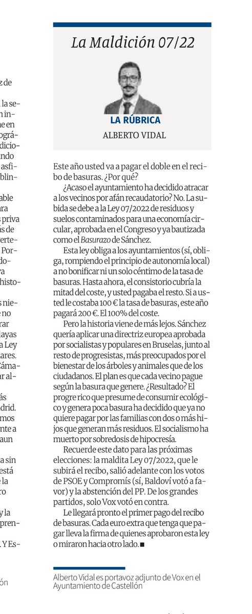 Llanos Massó (@llanosmasso) on Twitter photo Cuando le llegue este año el recibo de basuras y vea que va a pagar el doble no piense que es un error, es la consecuencia de las obsesiones ecologistas del bipartidismo de PSOE y PP.
<a href="/AlVidalGuerrero/">Alberto Vidal Guerrero</a> lo explica perfectamente. Cuando le llegue este año el recibo de basuras y vea que va a pagar el doble no piense que es un error, es la consecuencia de las obsesiones ecologistas del bipartidismo de PSOE y PP.
<a href="/AlVidalGuerrero/">Alberto Vidal Guerrero</a> lo explica perfectamente.
