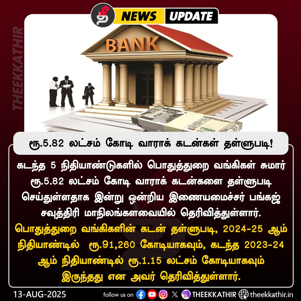 Theekkathir's tweet photo. கடந்த 5 ஆண்டுகளில் ரூ.5.82 லட்சம் கோடி வாராக் கடன்கள் தள்ளுபடி!
#Theekkathir | #PublicSectorBanks | #writeoffs https://t.co/rXXJz39iPv