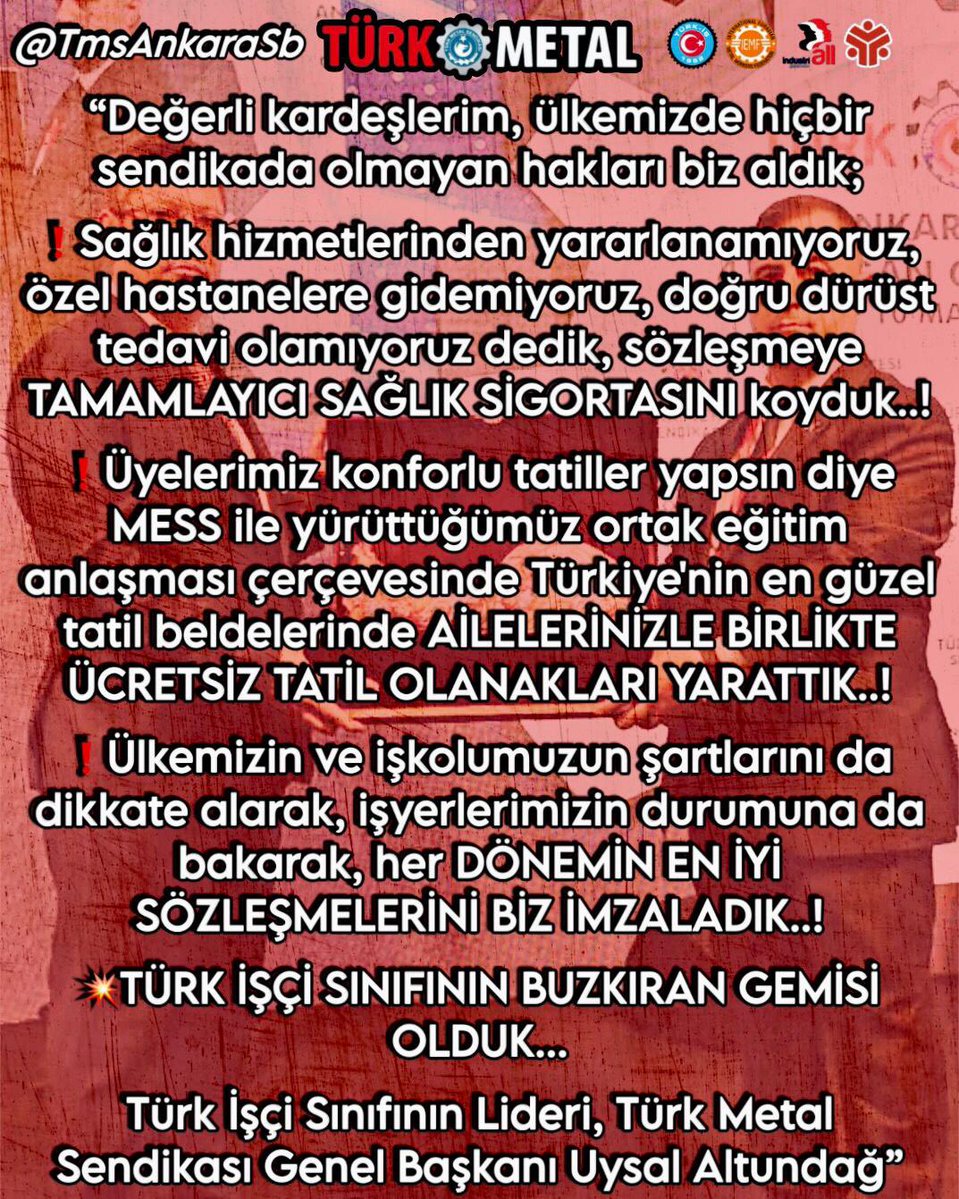 İBRAHİM BİÇER (@ibrahimbicer60) on Twitter photo “SÖZDE DEĞİL , ÖZDE LİDER...
Matematik evrenseldir, Rakamlar yalan söylemez...
Türkiye'nin en büyük İşçi sendikasının Lideri, Türk İşçi Sınıfının Umudu Genel Başkanımız Sayın <a href="/AltundagUysal/">Uysal ALTUNDAĞ</a> 'ın ölümüne izindeyiz...”
#NeMutluTürkMetalliyimDiyene
#ArkamızdaKocaDağ
<a href="/AltundagUysal/">Uysal ALTUNDAĞ</a> “SÖZDE DEĞİL , ÖZDE LİDER...
Matematik evrenseldir, Rakamlar yalan söylemez...
Türkiye'nin en büyük İşçi sendikasının Lideri, Türk İşçi Sınıfının Umudu Genel Başkanımız Sayın <a href="/AltundagUysal/">Uysal ALTUNDAĞ</a> 'ın ölümüne izindeyiz...”
#NeMutluTürkMetalliyimDiyene
#ArkamızdaKocaDağ
<a href="/AltundagUysal/">Uysal ALTUNDAĞ</a>