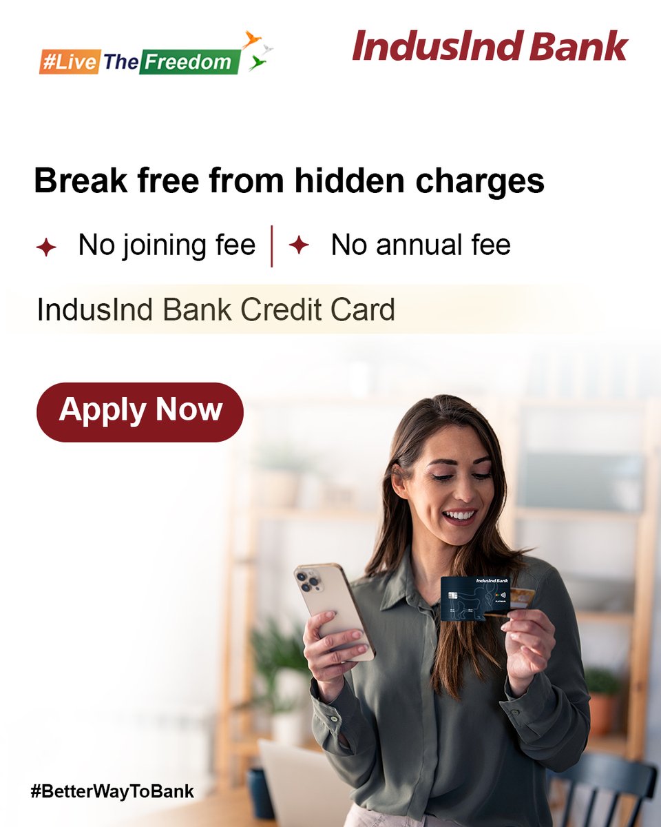 MyIndusIndBank's tweet photo. Say goodbye to hidden charges and hello to freedom! With IndusInd Bank Credit Card, enjoy zero joining and annual fees. Apply now and discover a #BetterWayToBank.
Apply here - https://t.co/1x0Xq9pNUf
#LiveTheFreedom #IndusIndBank #CreditCard https://t.co/DpqZhdTtg4
