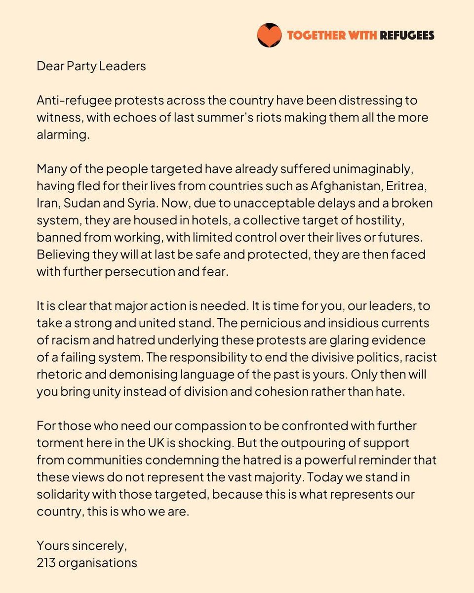 Stand Up To Racism (@antiracismday) on Twitter photo We were pleased to sign this open letter below organised by <a href="/RefugeeTogether/">Together With Refugees 🧡</a> calling on Britain’s political leaders to end “pernicious and insidious currents” of racism and hatred that underpin a slew of anti-migrant protests.”
theguardian.com/world/2025/aug… We were pleased to sign this open letter below organised by <a href="/RefugeeTogether/">Together With Refugees 🧡</a> calling on Britain’s political leaders to end “pernicious and insidious currents” of racism and hatred that underpin a slew of anti-migrant protests.”
theguardian.com/world/2025/aug…
