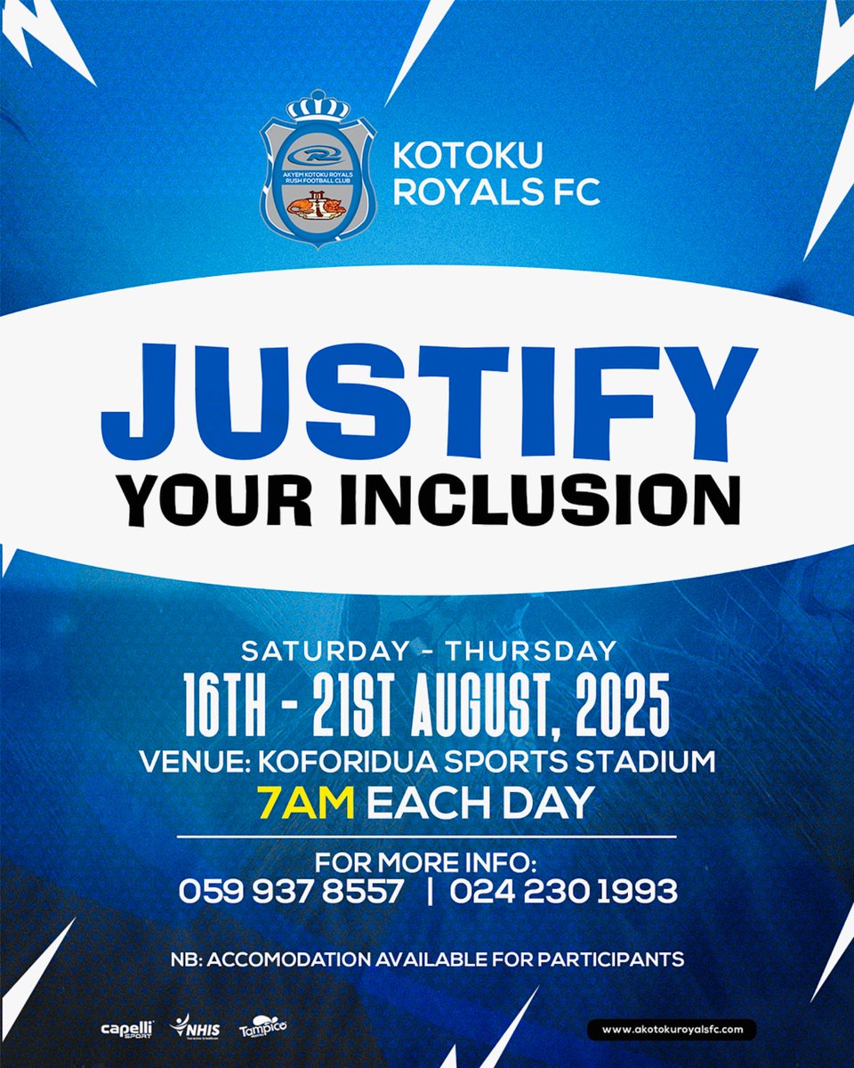 The hunt begins.🔥💛

Akyem Kotoku Royals FC opens the pitch for talent, bring your game, bring your passion, and claim your spot in the Royals team for the upcoming season.⚽

#KotokuRoyals #JustifyYourTalent #akrfc