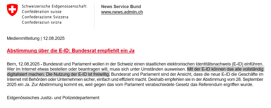 Mit der e-ID kann der Staat auch nachverfolgen, wer, was eingekauft hat. Ein weiterer Schritt Richtung Totalkontrolle, dank der Digitalisierung. 

Die e-ID ist momentan noch freiwillig, aber wie lange noch? Ein kleine Gesetzesänderung und die e-ID wird zur Pflicht.