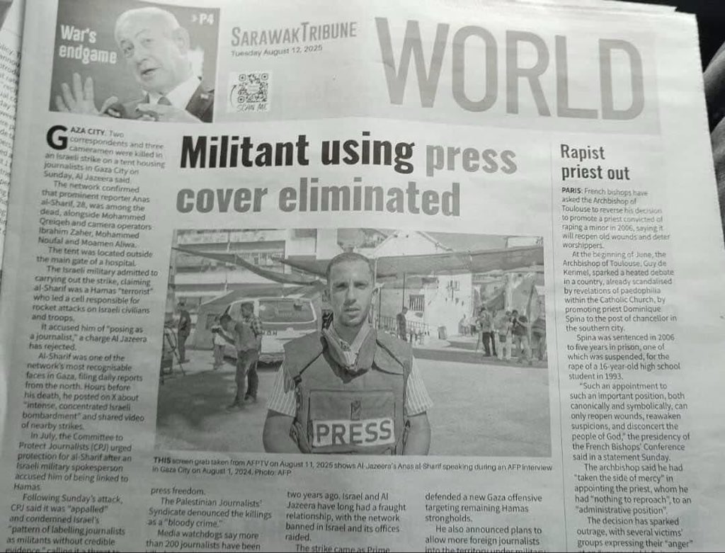 The kind of headlines that misleads before facts. 

Not enough women and children dead? From killing footballers to journos, yet <a href="/swktribune/">Sarawak Tribune</a> chooses to use Israhell propaganda for its readers?

Disguising falsehood as a headline, your paper is not fit to line my kitty litter.