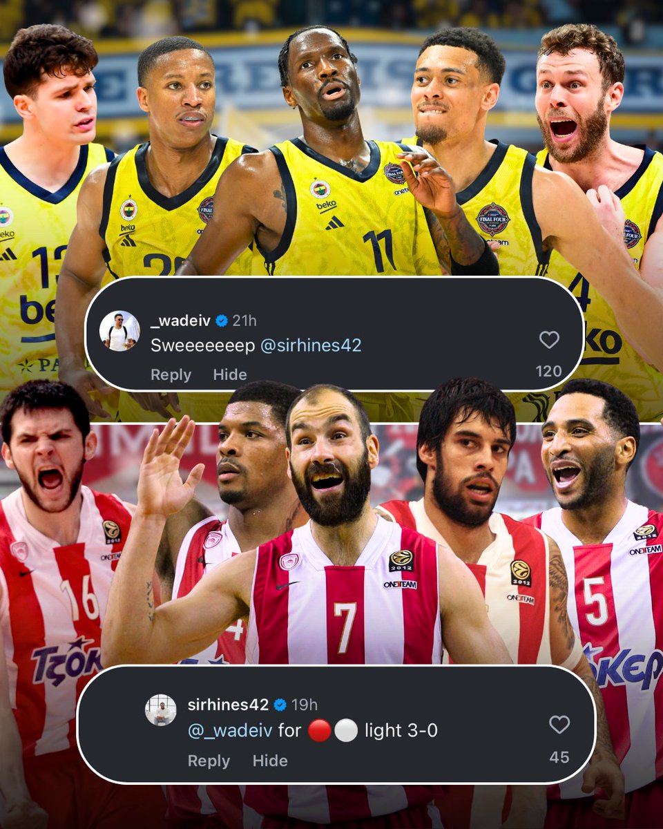 😅😂 Kyle  Hines didn’t agree with Wade Baldwin teasing him that the 2025  Fenerbahce would sweep the 2013 Olympiacos in a 5 game series.

Could one of the two teams sweep the other?🤔