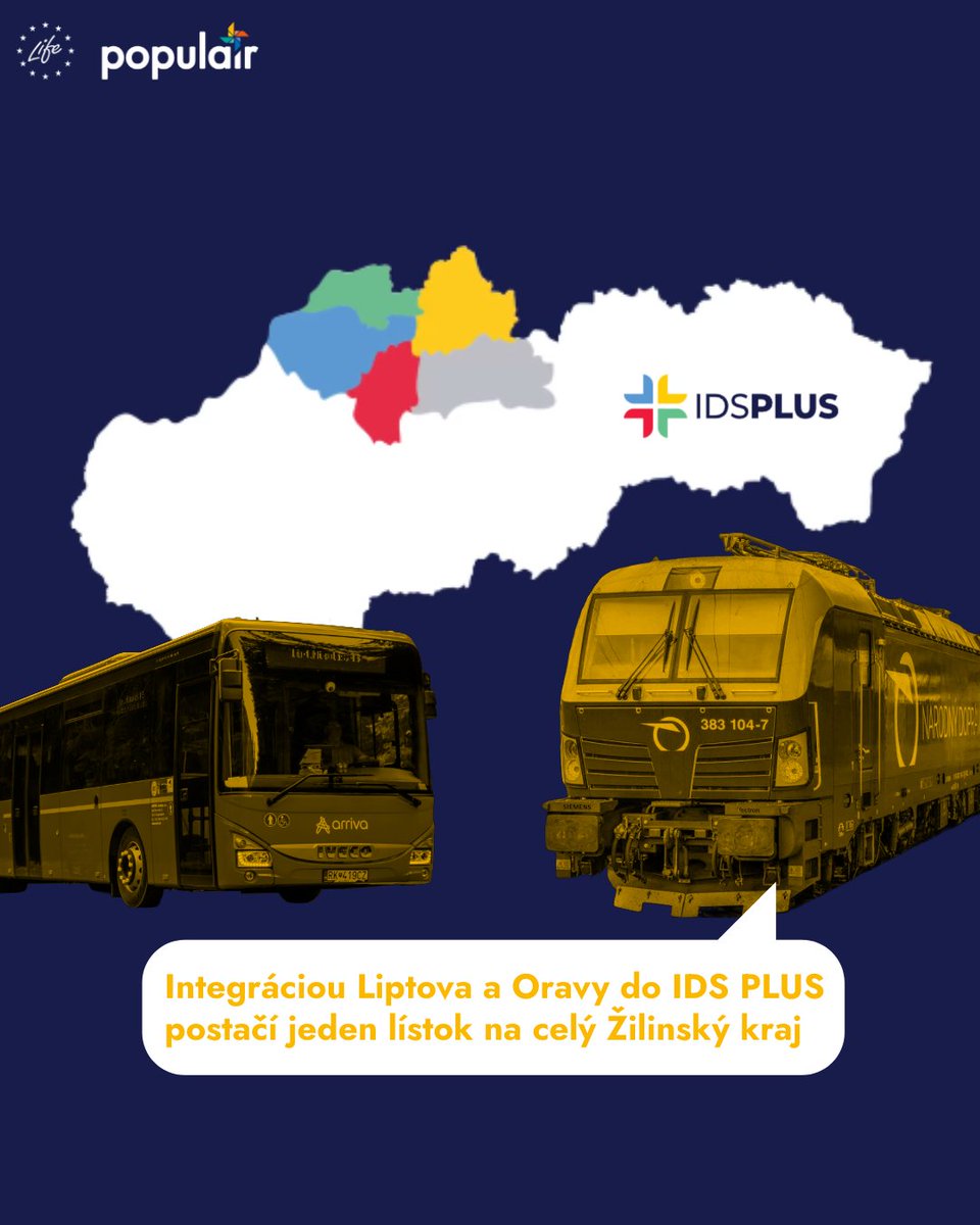 JEDEN #CESTOVNÝ_LÍSTOK PRE #ŽILINSKÝ KRAJ
Žilinský samosprávny kraj rozširuje integrovaný dopravný systém IDS PLUS aj na Oravu a Liptov.
Cestujte po celom kraji s jedným lístkom a súčasnou čipovou kartou s fotkou.
Vlakom, autobusom alebo trolejbusom.
Viac: shorturl.at/9Vr1g