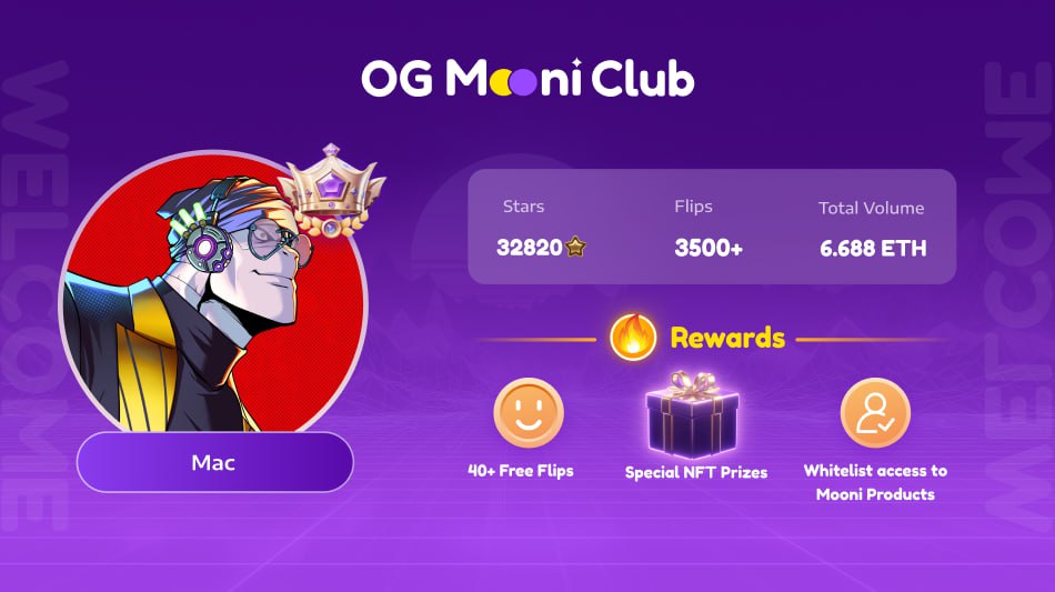 LFG!!! <a href="/mac_xx99/">Mac.xx99</a> is now a friggin OG!

Send him your cheers and love in the comments.

Become an OG and enjoy these cool perks:
🪙  Risk-free flips
💰  Special NFT prizes
💻  Early access to <a href="/Mooni_gg/">Mooni</a> products.