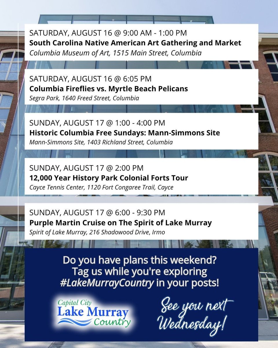 Capital City/Lake Murray Country (@lakemurrayctry) on Twitter photo Swipe to #planyourweekend! Visit buff.ly/bkLE3Yr to view all the events happening in the region and learn more!
🌊 Check us out on Soda City Living every other week!
📸 <a href="/SCStateMuseum/">South Carolina State Museum</a> | Columbia, SC
#TopSouthernDestination #LakeMurrayCountry #PlanYourWeekend Swipe to #planyourweekend! Visit buff.ly/bkLE3Yr to view all the events happening in the region and learn more!
🌊 Check us out on Soda City Living every other week!
📸 <a href="/SCStateMuseum/">South Carolina State Museum</a> | Columbia, SC
#TopSouthernDestination #LakeMurrayCountry #PlanYourWeekend