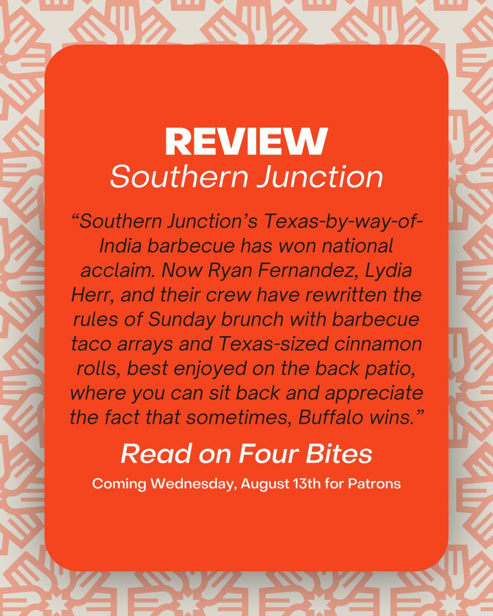 BuffaloFood's tweet photo. You can enjoy Southern Junction's Indian-inspired BBQ for dinner or Sunday brunch on Connecticut Street in Buffalo.
Sometimes, Buffalo does win. Available Wednesday, August 13th for Patrons on https://t.co/IicQRGChMT.
#fourbites #localbuffalorestaurant #southernjunction https://t.co/1Q3MVR0LtG