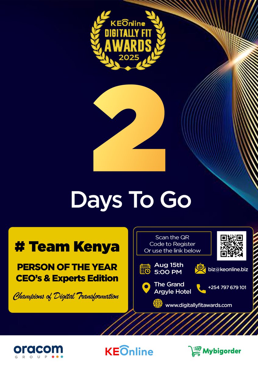 ⏳ Only 2 Days To Go! ⏳

The countdown is almost over — join us for the KEOnline Digitally Fit Awards 2025 – Person of the Year, CEO’s &amp; Experts Edition 🎉

📅 Date: August 15th, 2025
🕔 Time: 5:00 PM
📍 Venue: The Grand Argyle Hotel
We’re celebrating #TeamKenya