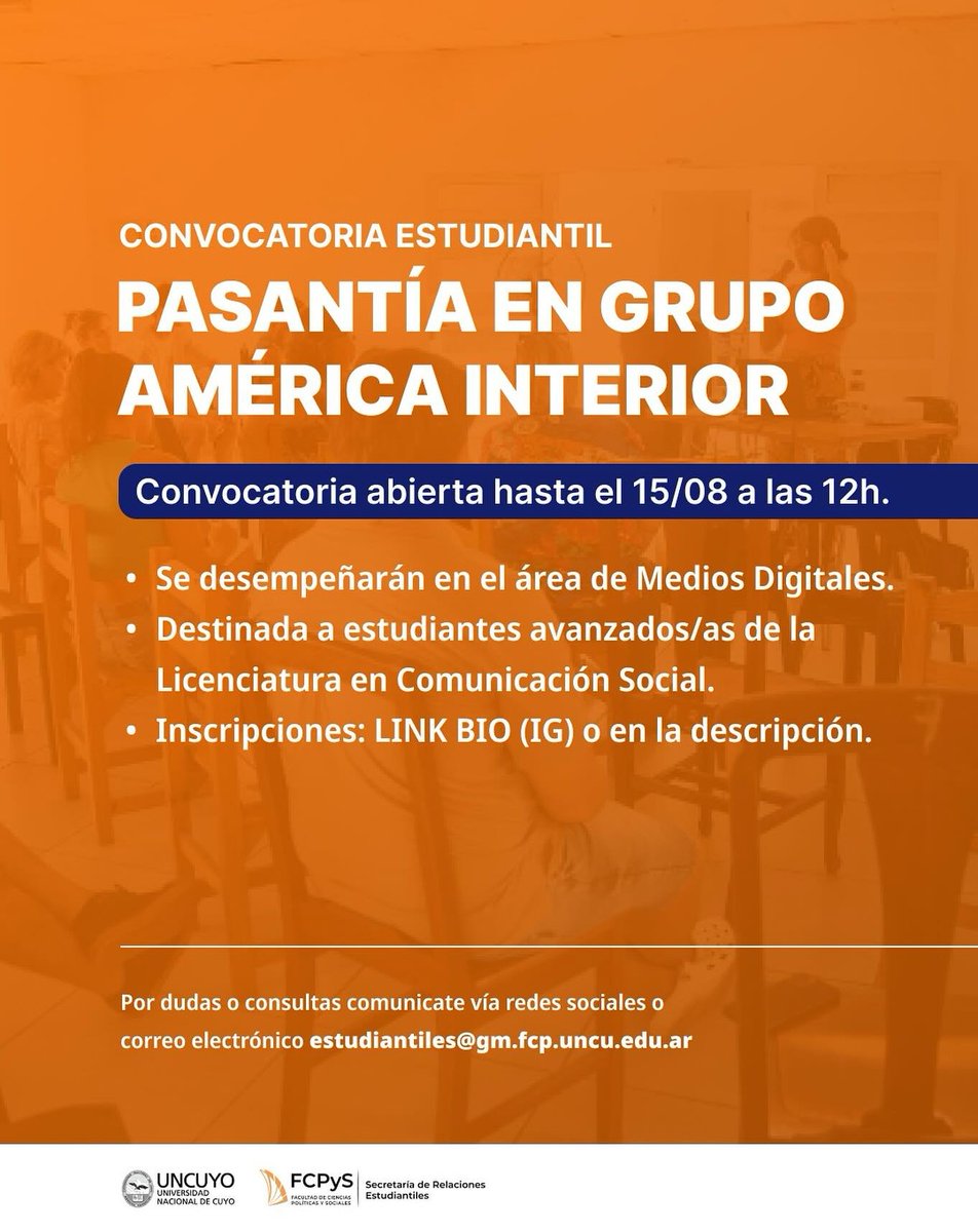 📚 Se convoca a estudiante avanzado/a de la Licenciatura en Comunicación Social para realizar pasantía en el área de Medios Digitales del Grupo América Interior.

🗓️ La convocatoria se encuentra abierta hasta el 15/08 a las 12h forms.gle/DgR6y3YmcuEXF1…
