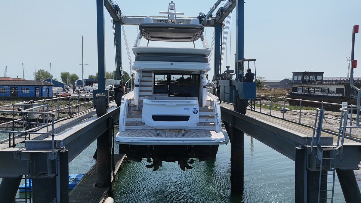 Today we lifted our sold Princess F55 for new anti-foul &amp; anodes ready for delivery 😍 Luckily we have a big hoist 😎