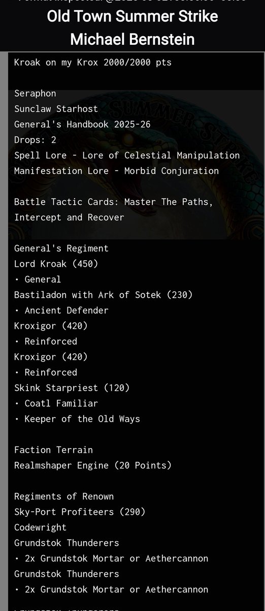 Best Seraphon list from last weekend's GTs...

Michael Bernstein 4-1

12 Krox, Kroak, Bastiladon... And the Sky Port Profiteers RoR!!!

So much good tech in that Regiment of Renown!