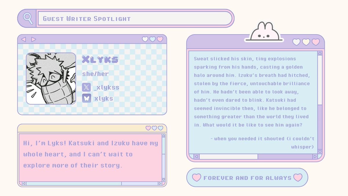 DKBKValZine's tweet photo. 💌 Guest Announcement! ‼️
@_xlykss is our next guest writer, and she's taken our breath away with her excerpt, just like Katsuki's taken Izuku's! 💚🧡
#dkbk #izkt #decchan #dekubaku #izukatsu #เดคัต #出勝 #데쿠캇 #guestannouncement #guestwriter https://t.co/UHiXY6dLUX