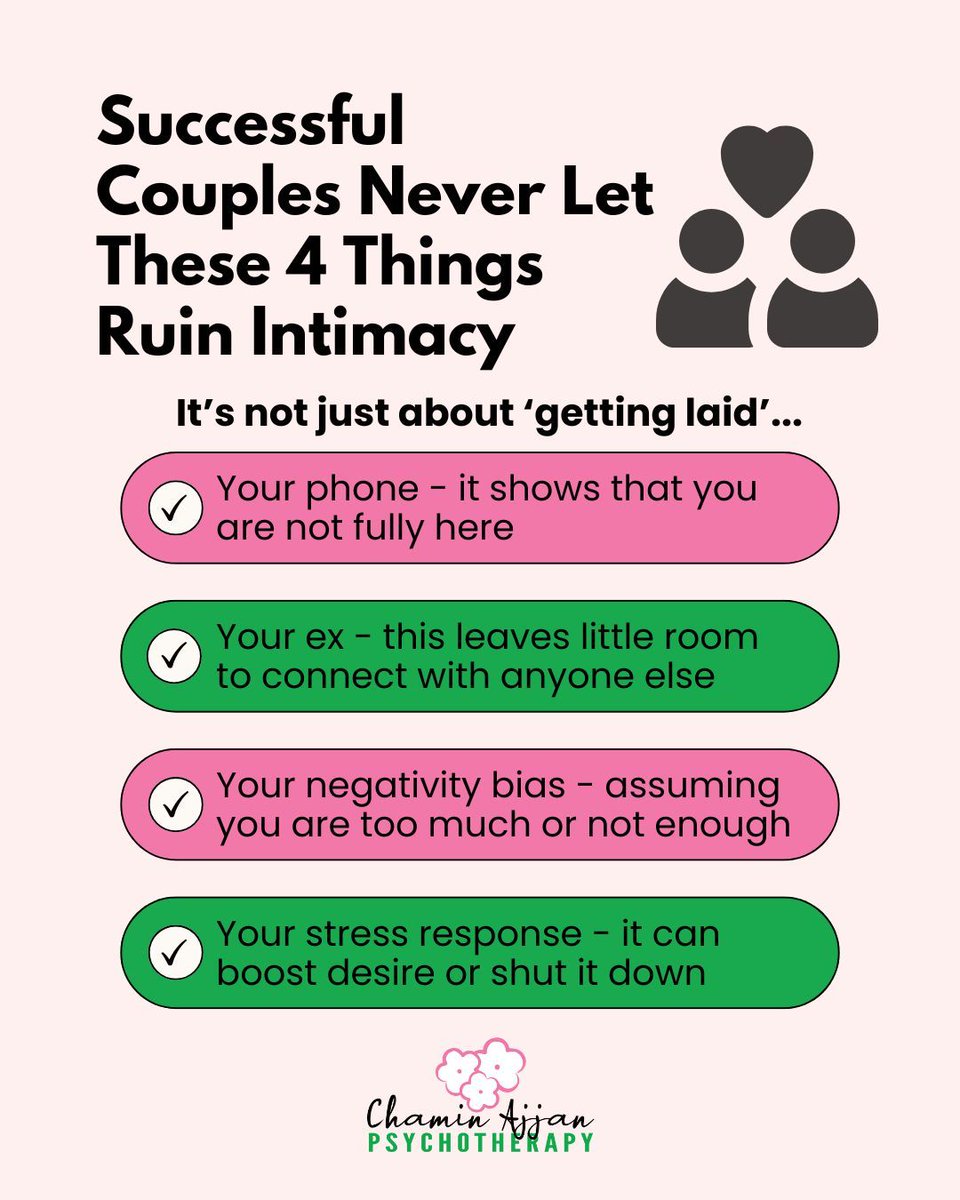 Is recent stress shutting down intimacy with your partner? Or still emotionally entangled with your ex? My recent @cnbc article explores the four biggest intimacy blockers. 

🔗 Read more: cnbc.com/2025/07/12/im-… 

#Intimacy #MentalHealth #CNBC #RelationshipTips #CouplesTherapy