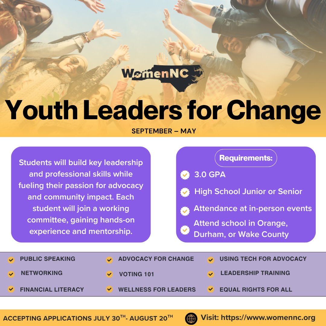 ❗ Just ONE WEEK left to apply! WomenNC’s Youth Leaders for Change program closes applications on August 20 —and spots are limited!
⏳ Don’t wait—your voice matters now. Apply today and help shape the future.
#YouthLeadersNC #WomenNC  #youthdevelopment