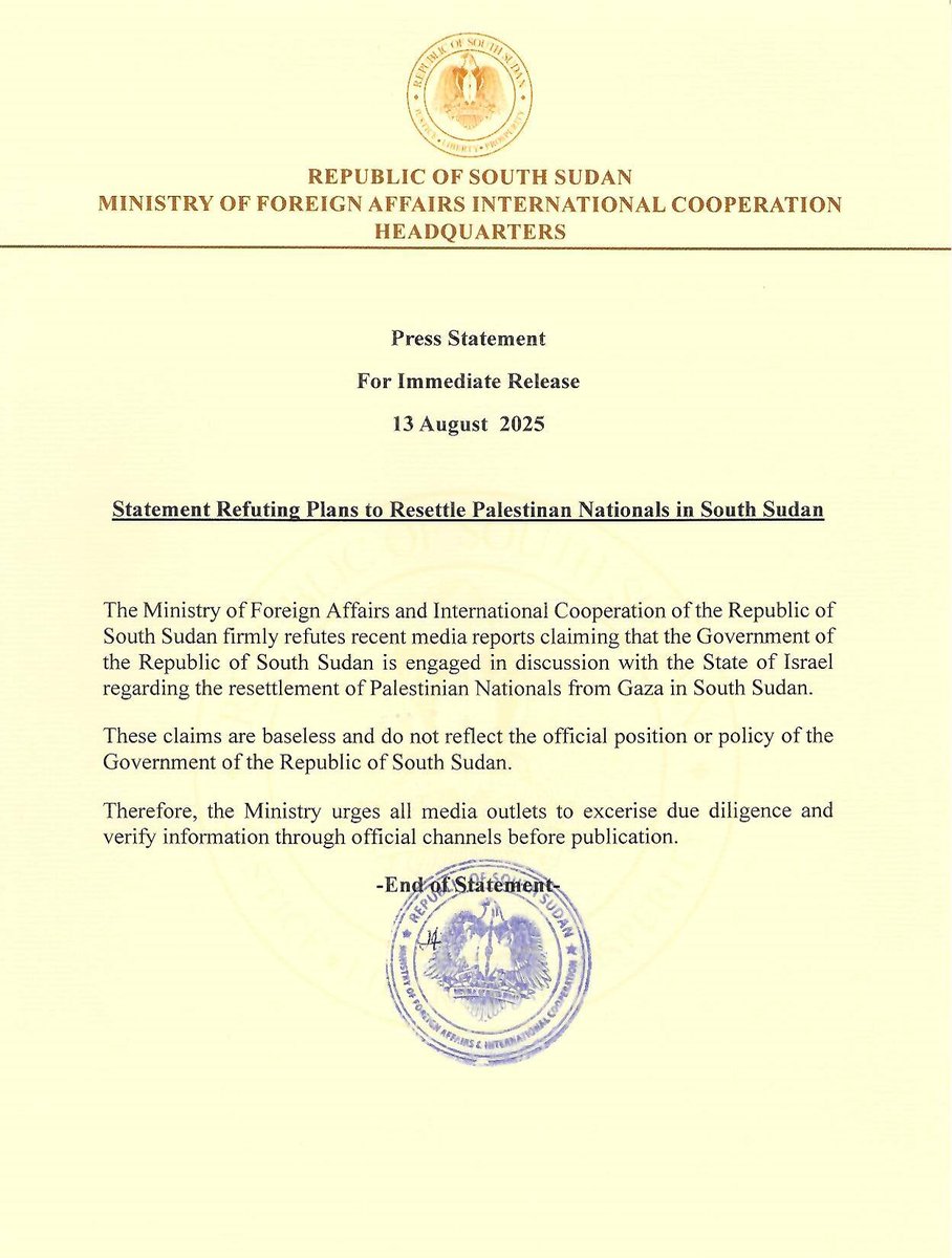 🟥 Statement Refuting Plans to Resettle Palestinian Nationals in South Sudan 📄