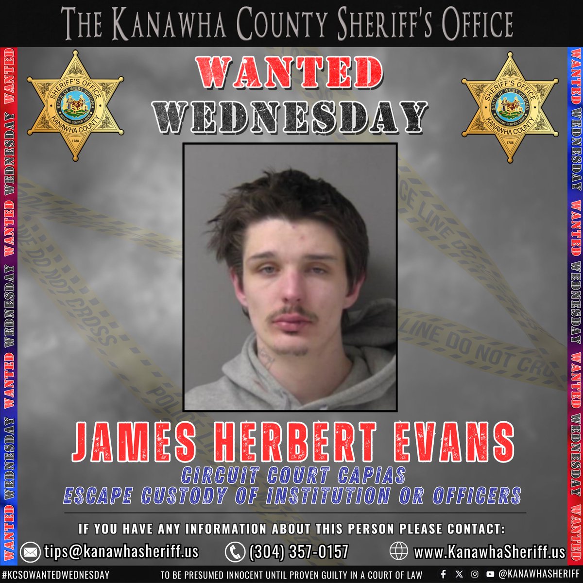 🚨 Wanted: James Herbert Evans – Escape Home Confinement / Circuit Court Capias.
Know where he is? Call 304-357-0169 or tip at kanawhasheriff.us.
Presumed innocent until proven guilty.
#KCSOWantedWednesday