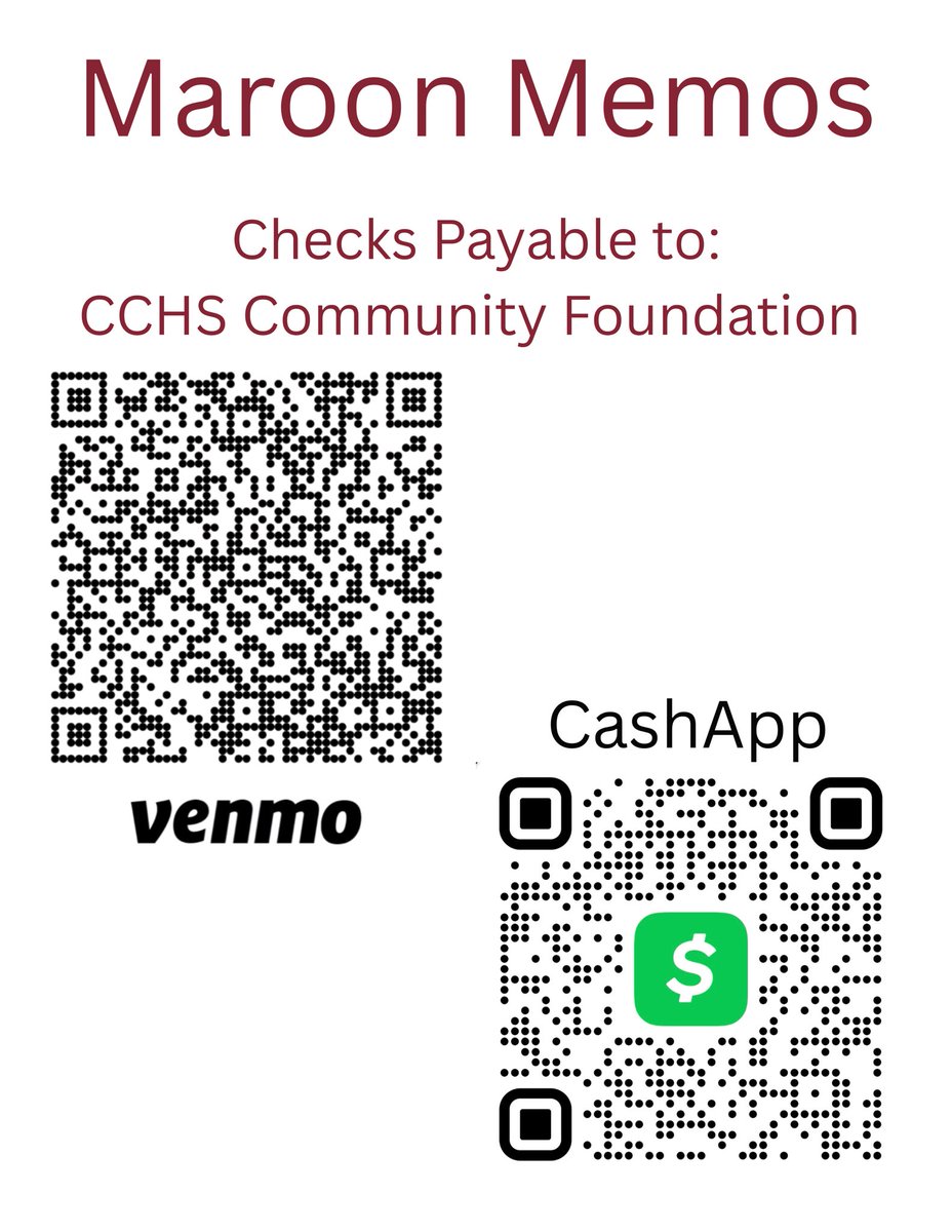 CCHSAthletics1865 (@whgccathletics) on Twitter photo Time is ticking down to get your Maroon Memos into the 2025 Fall Sports Program!
Submit your Memo to Mr. Staskey ASAP. Email is best at this point but you may also drop it off at the school. Cash, Check, Venmo and CashApp accepted! Time is ticking down to get your Maroon Memos into the 2025 Fall Sports Program!
Submit your Memo to Mr. Staskey ASAP. Email is best at this point but you may also drop it off at the school. Cash, Check, Venmo and CashApp accepted!