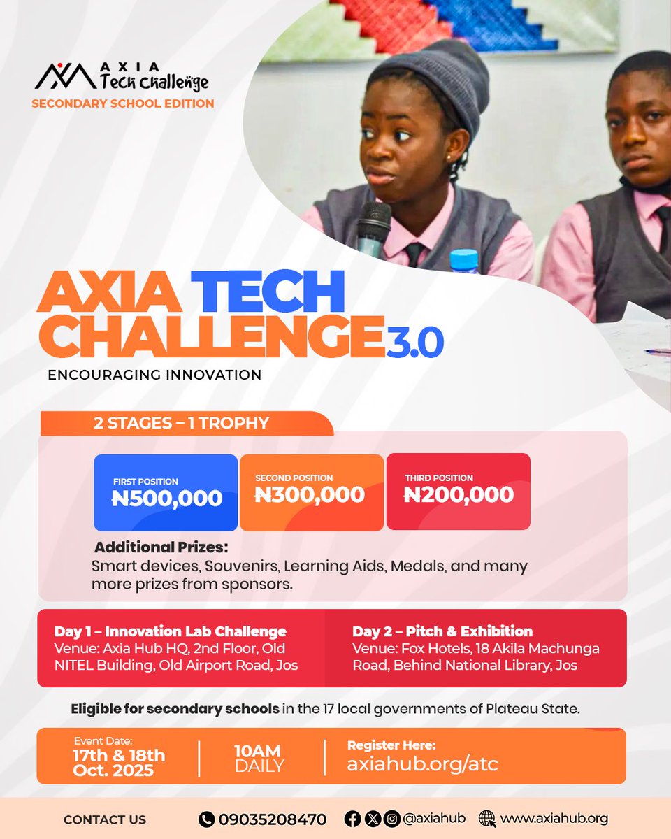 AxiaHub's tweet photo. The wait is over! The Axia Tech Challenge 3.0 Secondary School Edition is here to spark creativity,and healthy competition among young minds in Africa ! Let your school be part of this innovation journey!
Register now: https://t.co/9loGGAnKvI
#atc #axiatech #innovation #techhub https://t.co/B612HCGNeZ