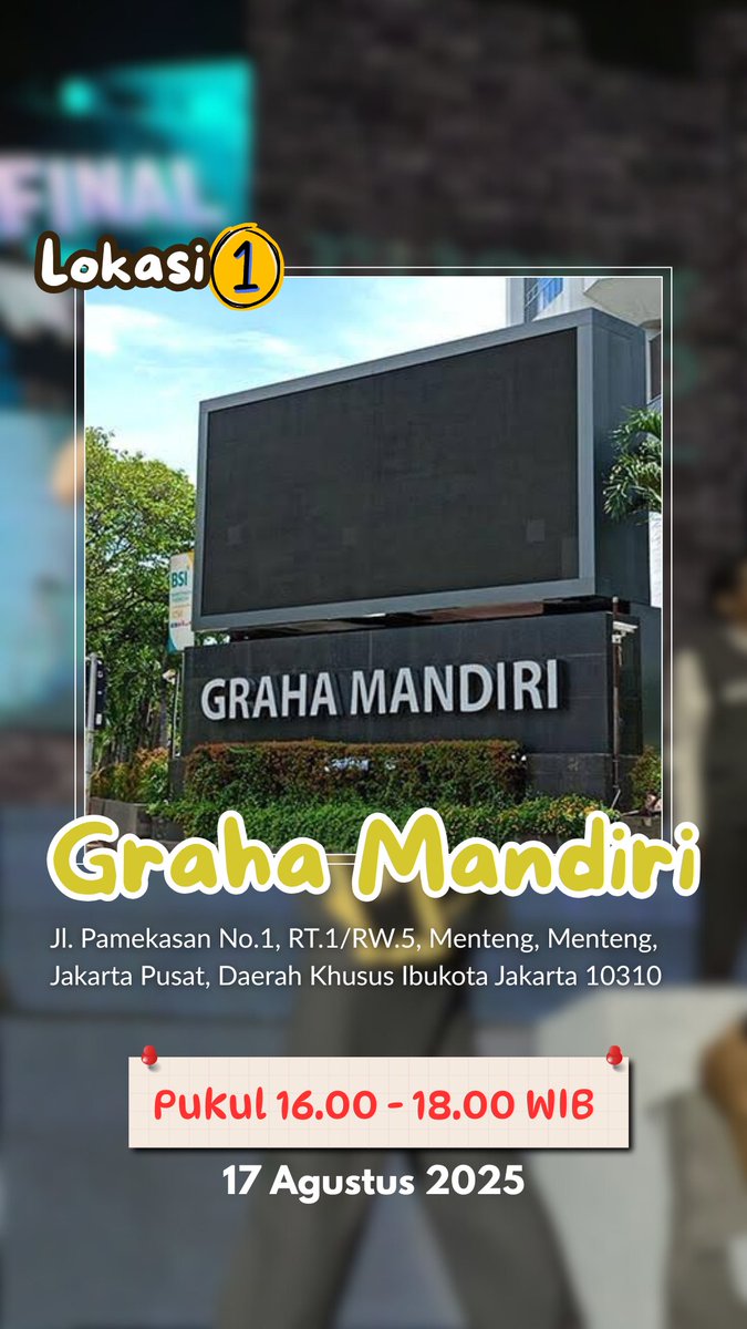 axelotsister's tweet photo. Lokasi & Waktu Tayang LED👇 :
🗓️ Hari dan Tanggal : Minggu, 17 Agustus 2025
📍Graha Mandiri, Jl. Pamekasan No.1, RT.1/RW.5, Menteng, Menteng, Jakarta Pusat, Daerah Khusus Ibukota Jakarta 10310
🕓 Pukul 16.00 - 18.00 WIB
#Axelots #AxelRunnerup #ClashofChampions https://t.co/aF7pd3hQ3k