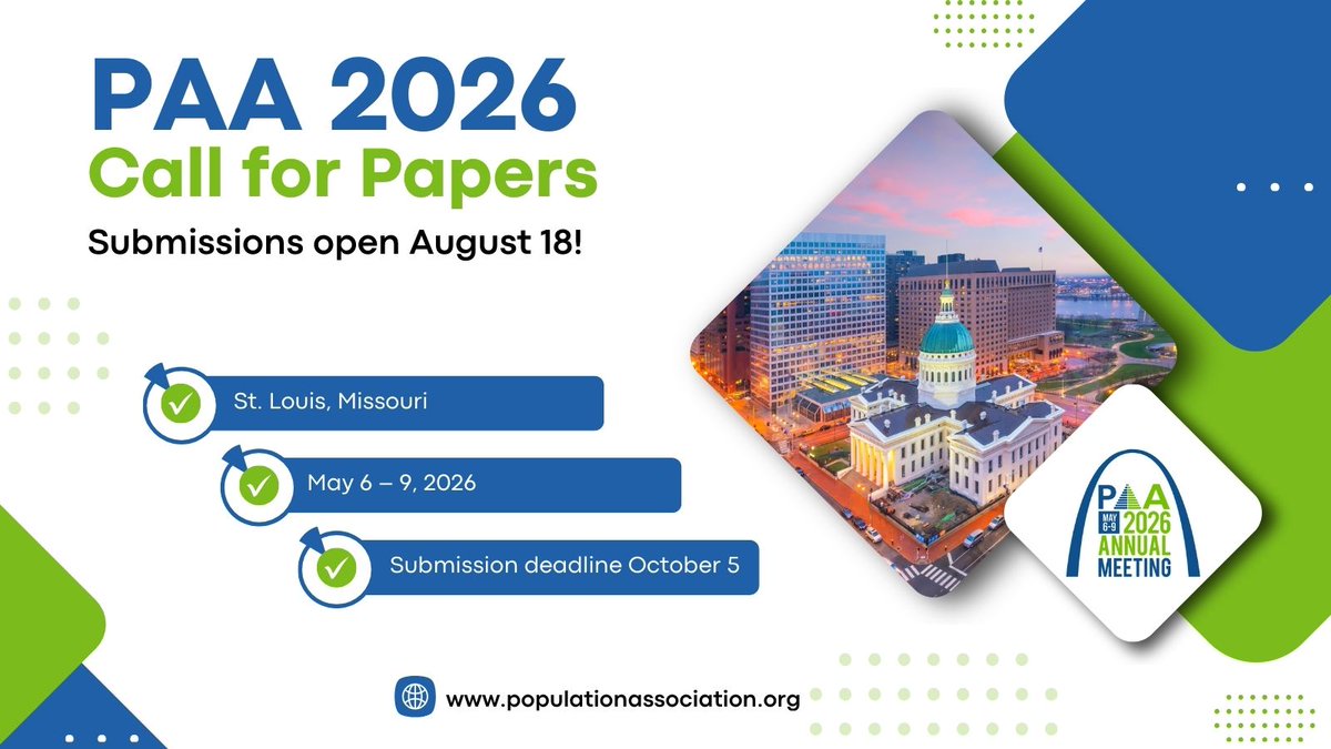 We are excited to announce the #PAA2026 Call for Papers is now available! The submission site opens on Monday, Aug. 18 and the deadline is Sunday, Oct. 5. 

Meet me in St. Louis! May 6-9, 2026: ow.ly/37TW50WEWGc
