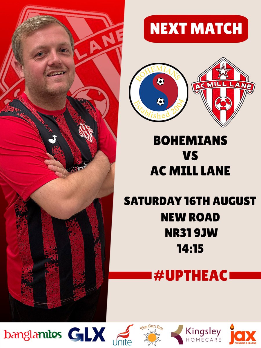 We’re back in action this Saturday! Starting our league campaign against 2 <a href="/AnglianCom/">Fosters Solicitors Anglian Combination</a> newcomers in our first 2 fixtures.

This weekend we travel to <a href="/bohemians_fc/">Bohemians FC</a>, who currently sit top of the table after a 6-2 victory in their opening fixture

#UpTheAC 🔴⚫️