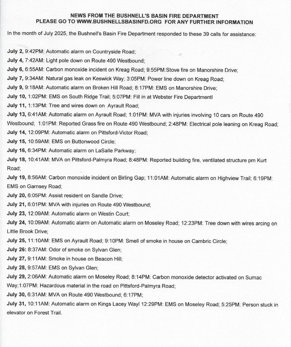 BushnellBasinFD's tweet image. In the month of July 2025, the Bushnell’s Basin Fire Department responded to 39 calls for assistance. If you are interested in becoming a volunteer please send us a message or visit us any Monday evening at 7:00 pm to learn more about becoming apart of something great.