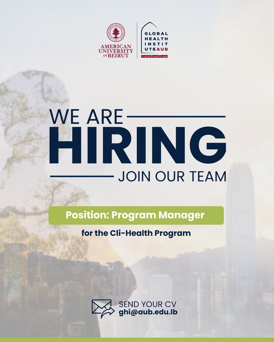 📣 We’re Hiring!

The Global Health Institute at <a href="/AUB_Lebanon/">American University of Beirut</a> is looking for a driven and experienced Program Manager to lead research, partnerships, and strategic initiatives at the intersection of climate change, health, &amp; social justice.

💡 If you have a passion for global