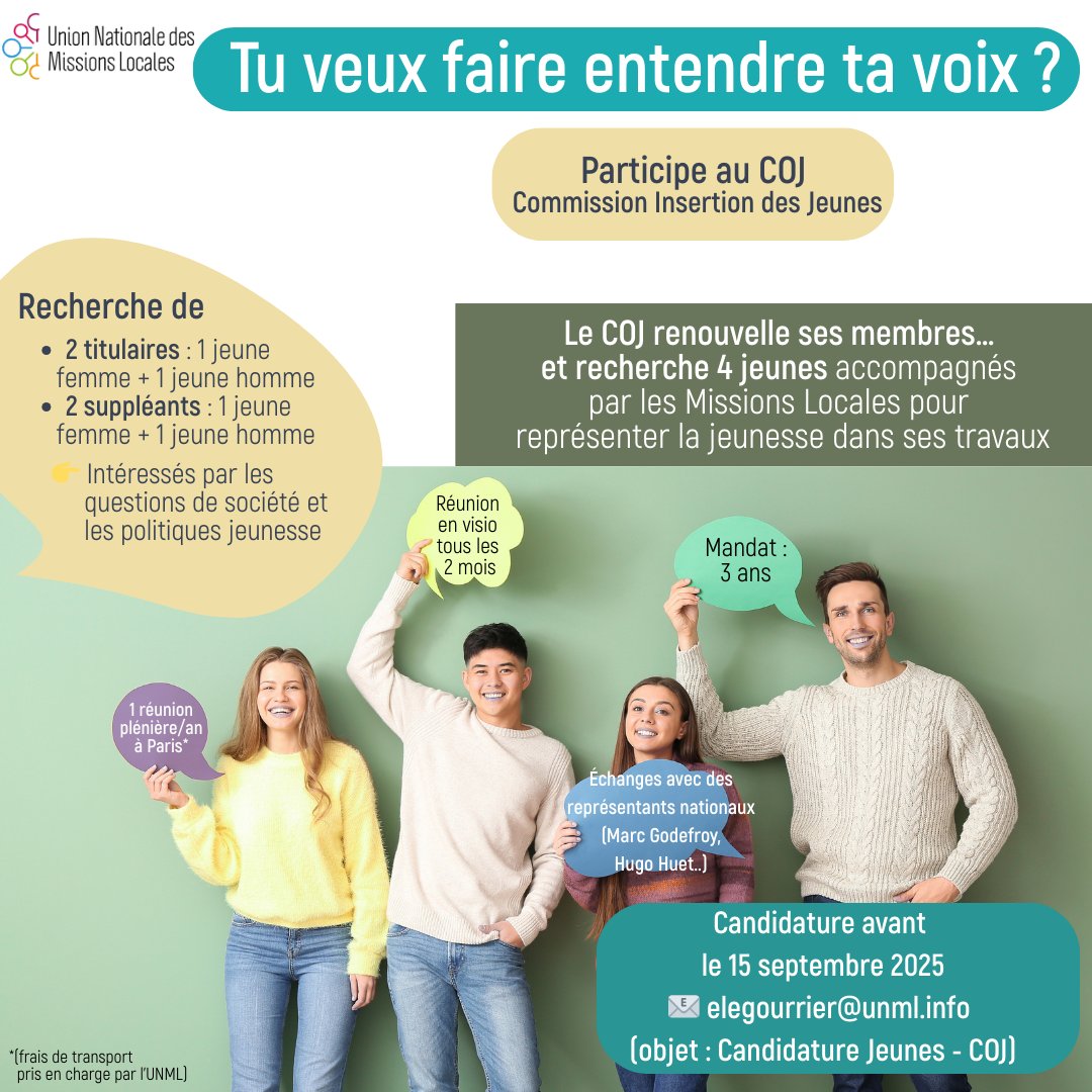 📢 Le COJ recherche 4 #jeunes pour la Commission Insertion des Jeunes.
💬 Pour faire entendre sa voix sur les politiques #jeunesse !
📅 Candidature avant le 15/09
#Engagement #MissionLocale #COJ