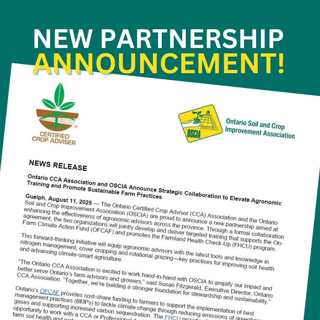 New Partnership, Stronger Farms! <a href="/CCAOntario/">CCA Ontario</a> &amp; OSCIA are teaming up to deliver targeted training for agronomic advisors: supporting #OFCAF &amp; the Farmland Health Check-Up program, improving soil health, &amp; advancing climate-smart ag. Read the release: rebrand.ly/wvfsv8m