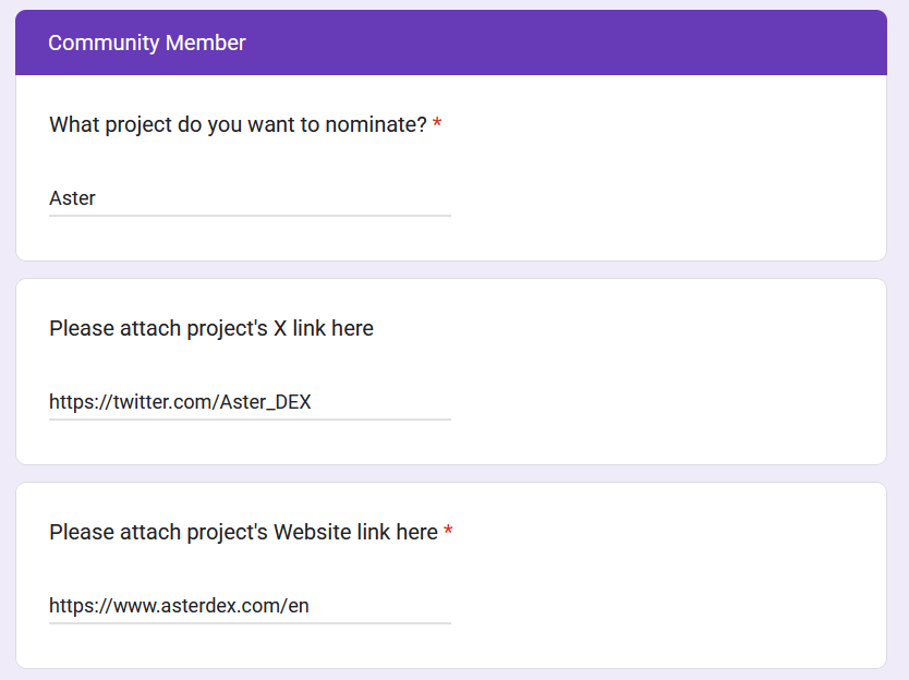 Screenshot of Aster DEX nomination form for BNB Chain Awards
