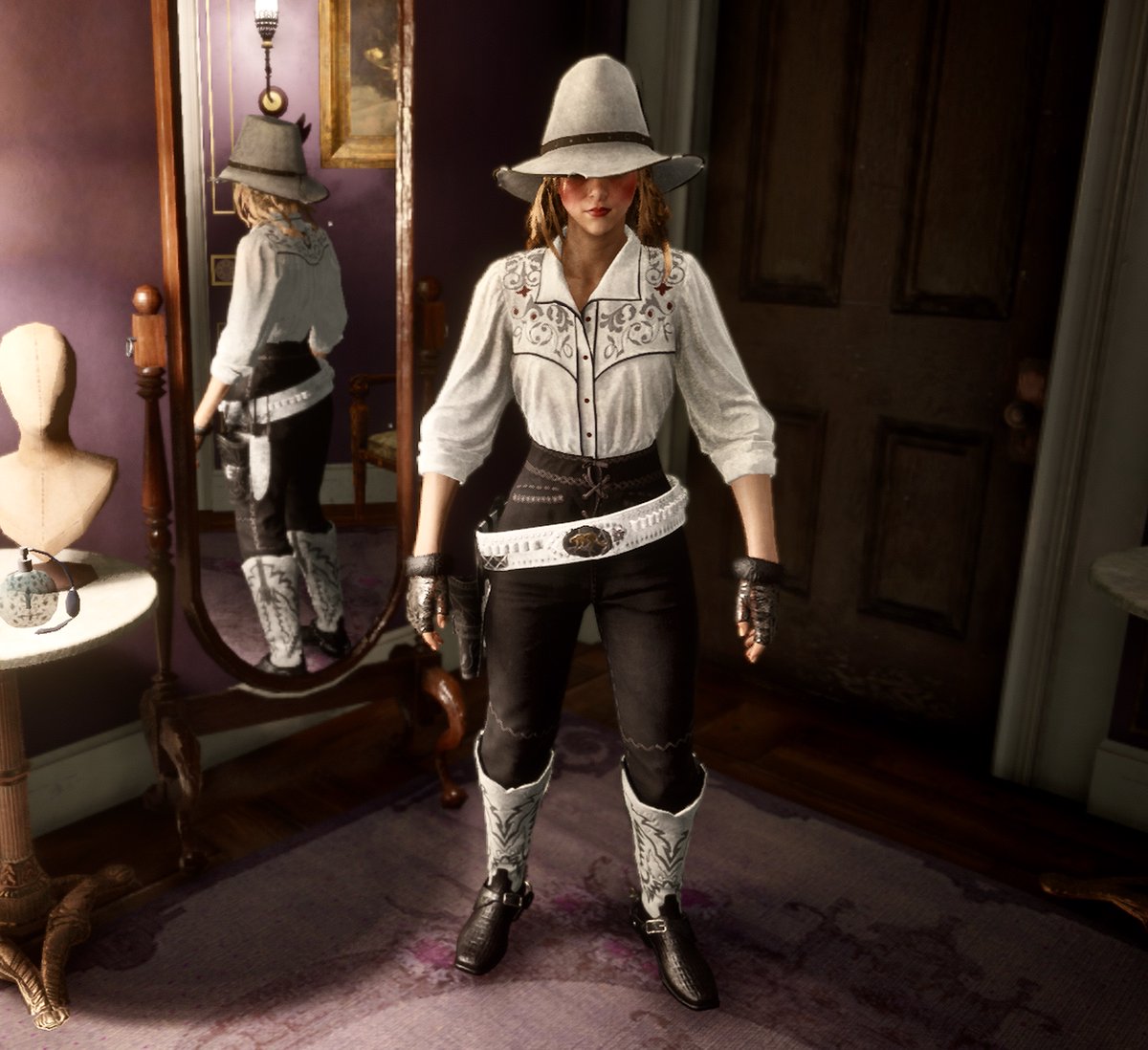 Candysseus's tweet photo. All dog 🐕💩 aside...

Happy #WardrobeWednesday because these 
STRICKLAND BOOTS, this DILLEHAY HAT &amp; the WOODLAND GLOVES are Sensational
 
#RedDeadFits by 
#MissCandyLicious 🍭 

#LimitedItems #RedDeadOnline #RockstarGames https://t.co/Hcz2ci8PWb