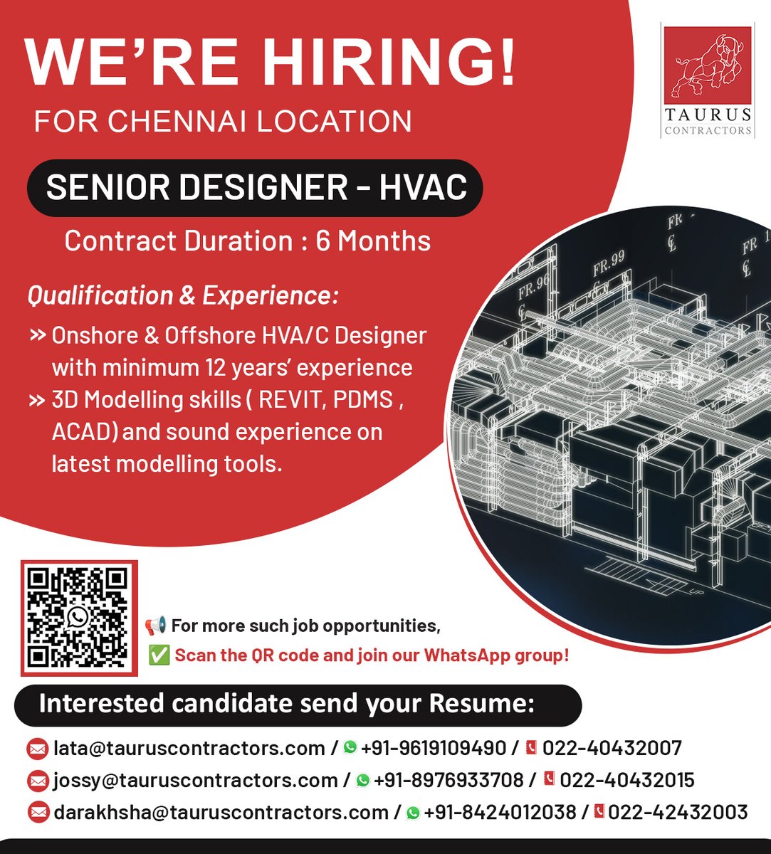 taurusonlinejob's tweet photo. Attention #jobseekers our clients are #nowhiring, for the fastest way to upload your #CV use the link https://t.co/6QA6BHIOn8
#Hiring #ChennaiJobs #SeniorDesigner #HVACJobs #OnshoreOffshore hashtag#3DModelling #REVIT #PDMS #AutoCAD #EngineeringJobs #TaurusContractors #JobOpening https://t.co/ZGVq3w0QXt