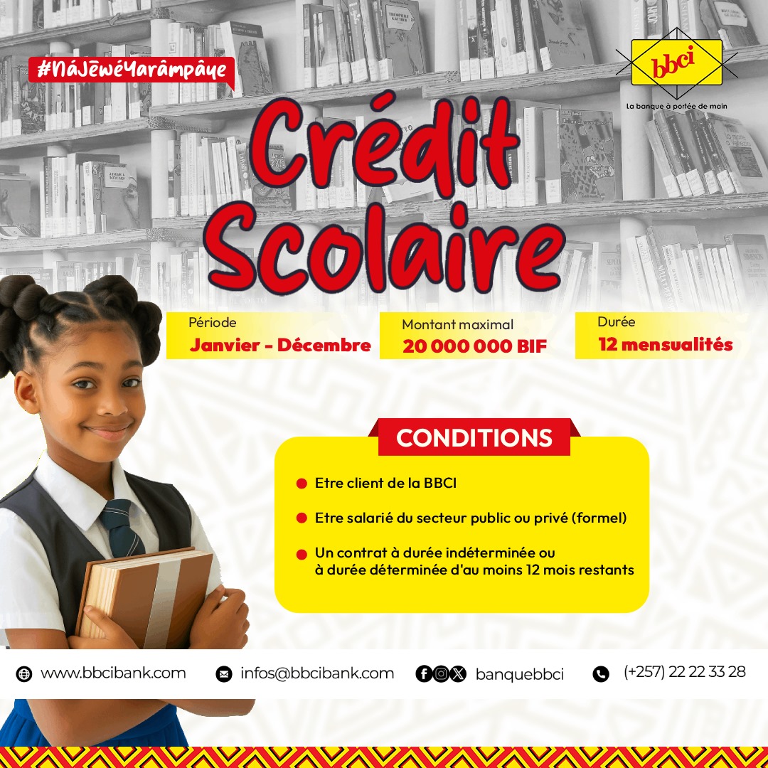 banquebbci's tweet photo. *Préparez la rentrée en toute sérénité avec le Crédit Scolaire BBCI* — jusqu’à 20 millions BIF remboursables en 12 mensualités. Parce que l’éducation n’attend pas, nous non plus !
#BBCl #NaJeweYarampaye #CréditScolaire https://t.co/9nahLHIqOC