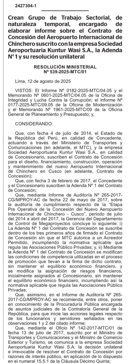 Lucha contra la corrupción: 
Hoy se ha publicado la resolución ministerial en la que dispongo la creación del Grupo de Trabajo Sectorial para que, en un plazo inmediato de quince días hábiles, emita un informe determinando causas y responsabilidades sobre la firma y resolución