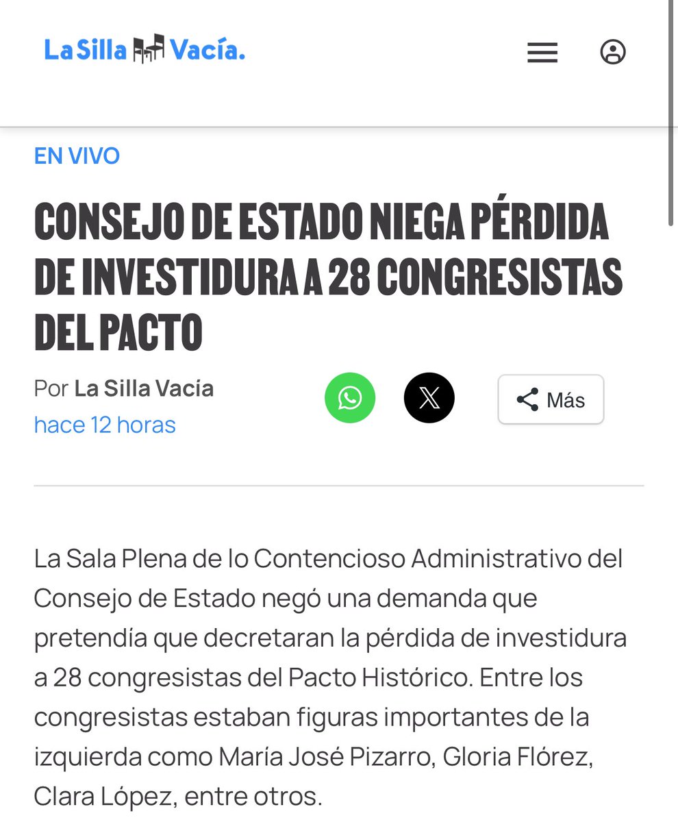 Gloria Flórez Senadora (@gloriaflorezsi) on Twitter photo Una nueva victoria del <a href="/PactoCol/">Pacto Histórico Oficial</a>.
El Consejo de Estado fallo a favor de nuestra bancada en una demanda de pérdida de investidura sin ningún fundamento que pretendía censurar nuestra labor legislativa.
Durante 3 años que llevamos en el Congreso, han buscado todo tipo de formas Una nueva victoria del <a href="/PactoCol/">Pacto Histórico Oficial</a>.
El Consejo de Estado fallo a favor de nuestra bancada en una demanda de pérdida de investidura sin ningún fundamento que pretendía censurar nuestra labor legislativa.
Durante 3 años que llevamos en el Congreso, han buscado todo tipo de formas