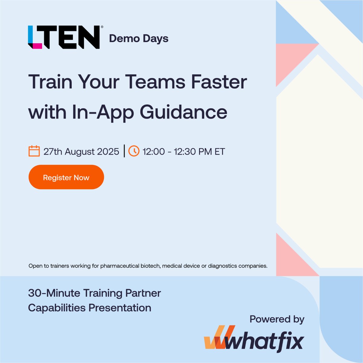 yourLTEN's tweet photo. Attention trainers in pharma, biotech, med device & diagnostics!
📅 Aug 27 — Join us at #LTENDemoDays with @Whatfix to discover how they enable Life Sciences companies to modernize training, ensure compliance, and boost productivity with in-app, contextual learning at scale.
🔗 https://t.co/cjkxxCXLFV
